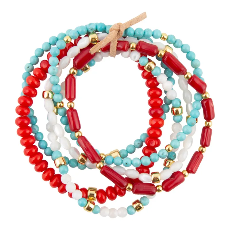 Guadalupe Blue Turquoise and Coral Golden Stretch Bracelet Set made by Barse