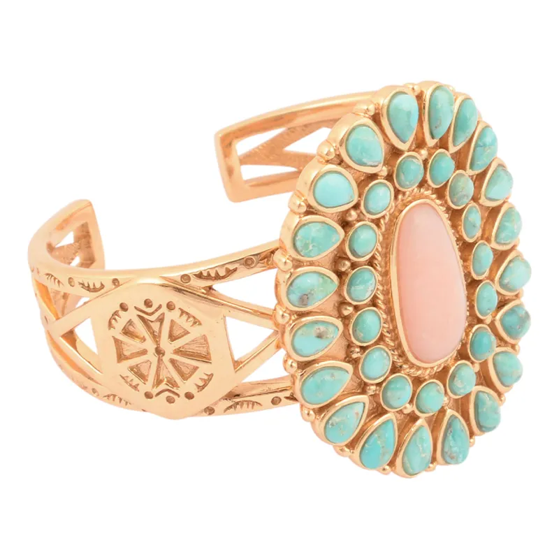 Cactus Rose Pink Opal and Blue Turquoise Golden Cuff Bracelet sold by Barse