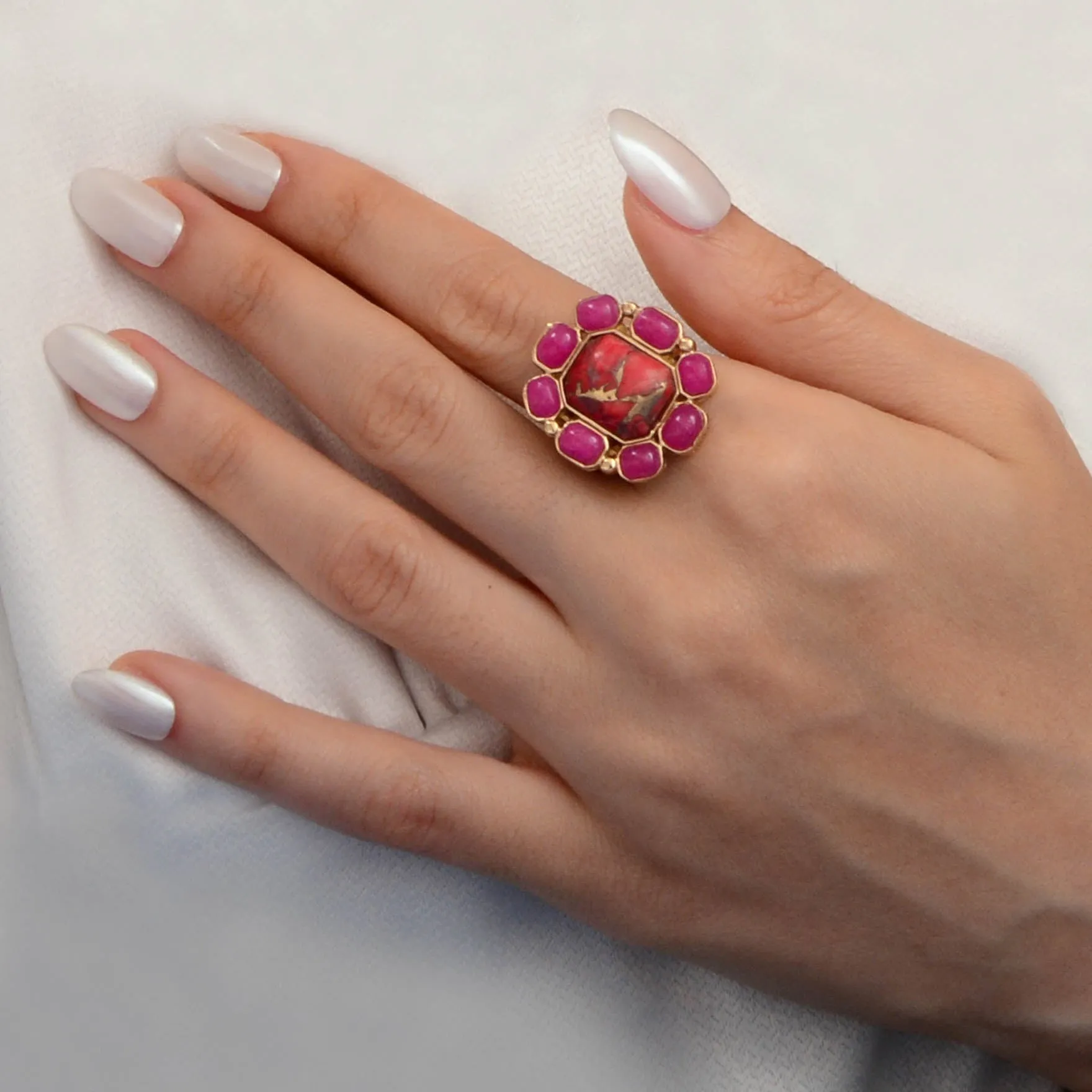Dual Red Magnesite and Pink Quartz Golden Statement Ring sold by Barse product image thumbnail 2