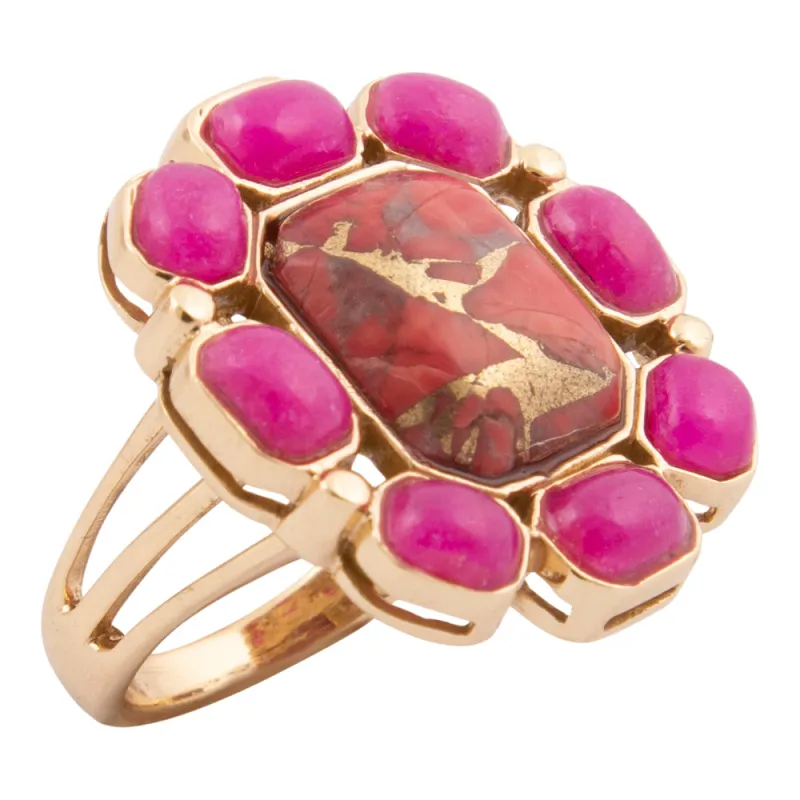 Dual Red Magnesite and Pink Quartz Golden Statement Ring sold by Barse