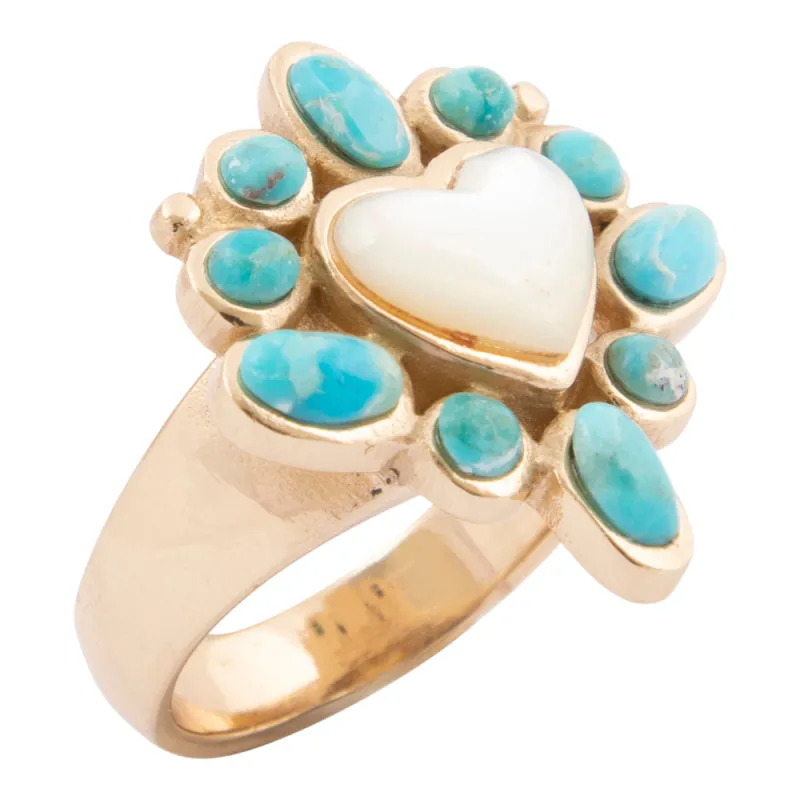 Hearts Surround Blue Turquoise and White Mother of Pearl Golden Ring sold by Barse