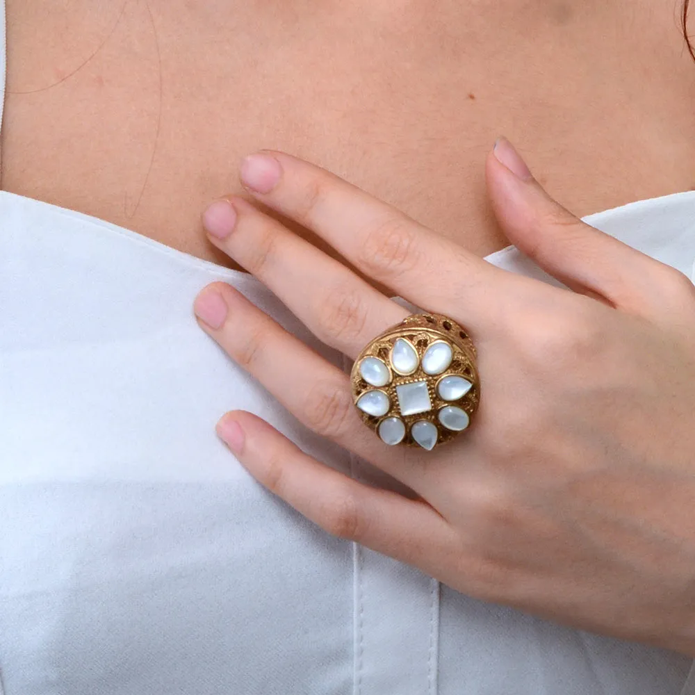 Luxurious White Mother of Pearl Floral Golden Statement Ring sold by Barse product image thumbnail 2