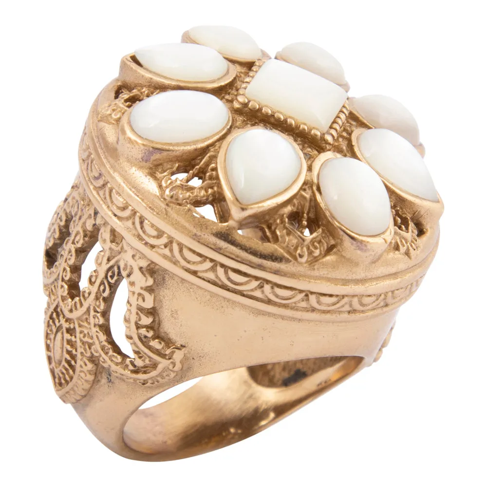 Luxurious White Mother of Pearl Floral Golden Statement Ring sold by Barse