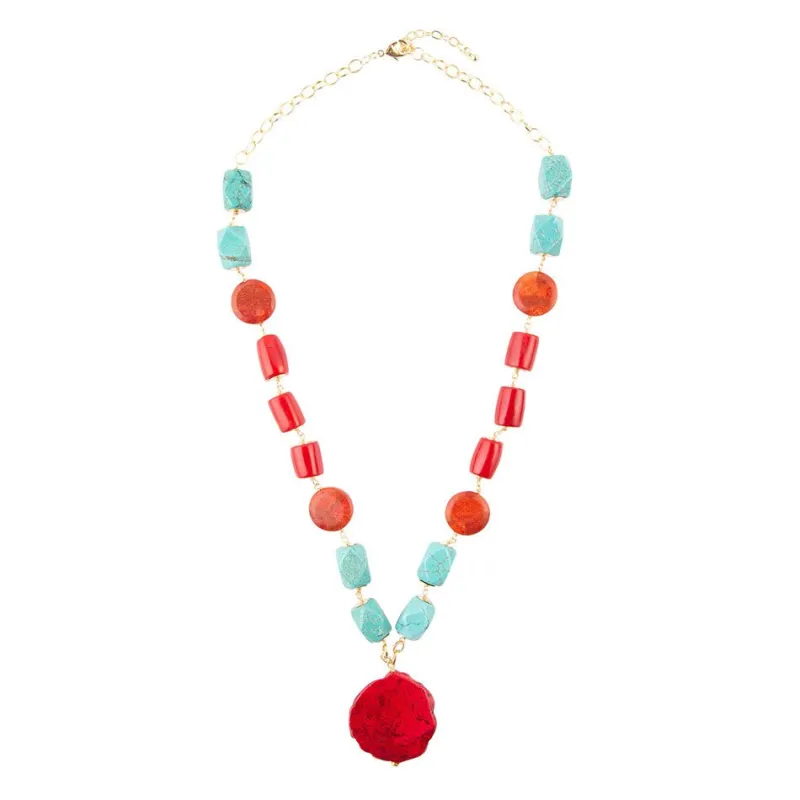 Red River Turquoise and Coral Rosary Pendant Necklace sold by Barse