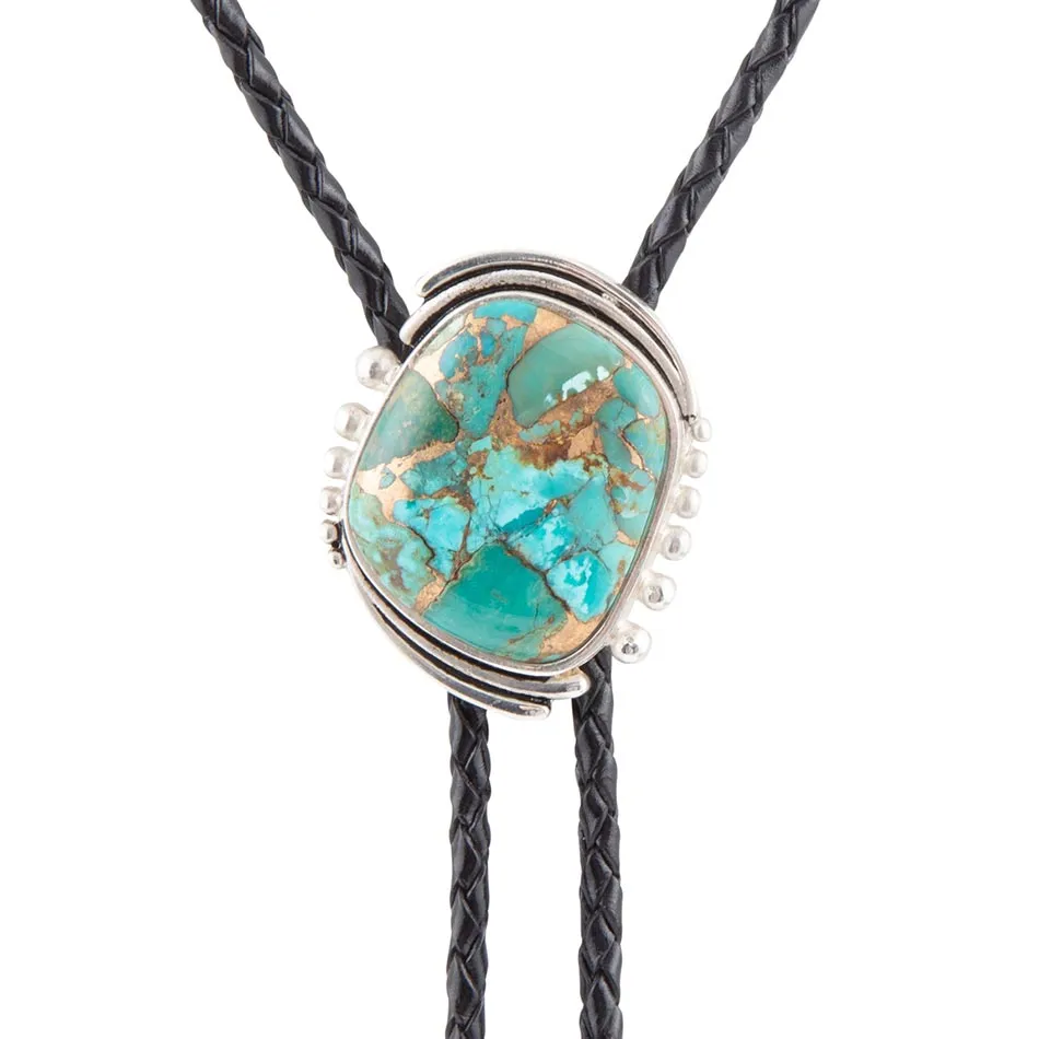Rawlins Blue Turquoise Black Leather Silver Bolo Necklace sold by Barse