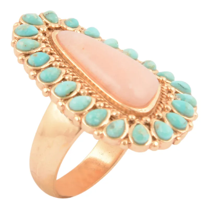 Cactus Rose Pink Opal and Blue Turquoise Golden Statement Ring sold by Barse