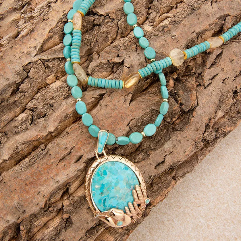 Saguaro Cactus Blue Turquoise Golden Statement Necklace sold by Barse product image thumbnail 3