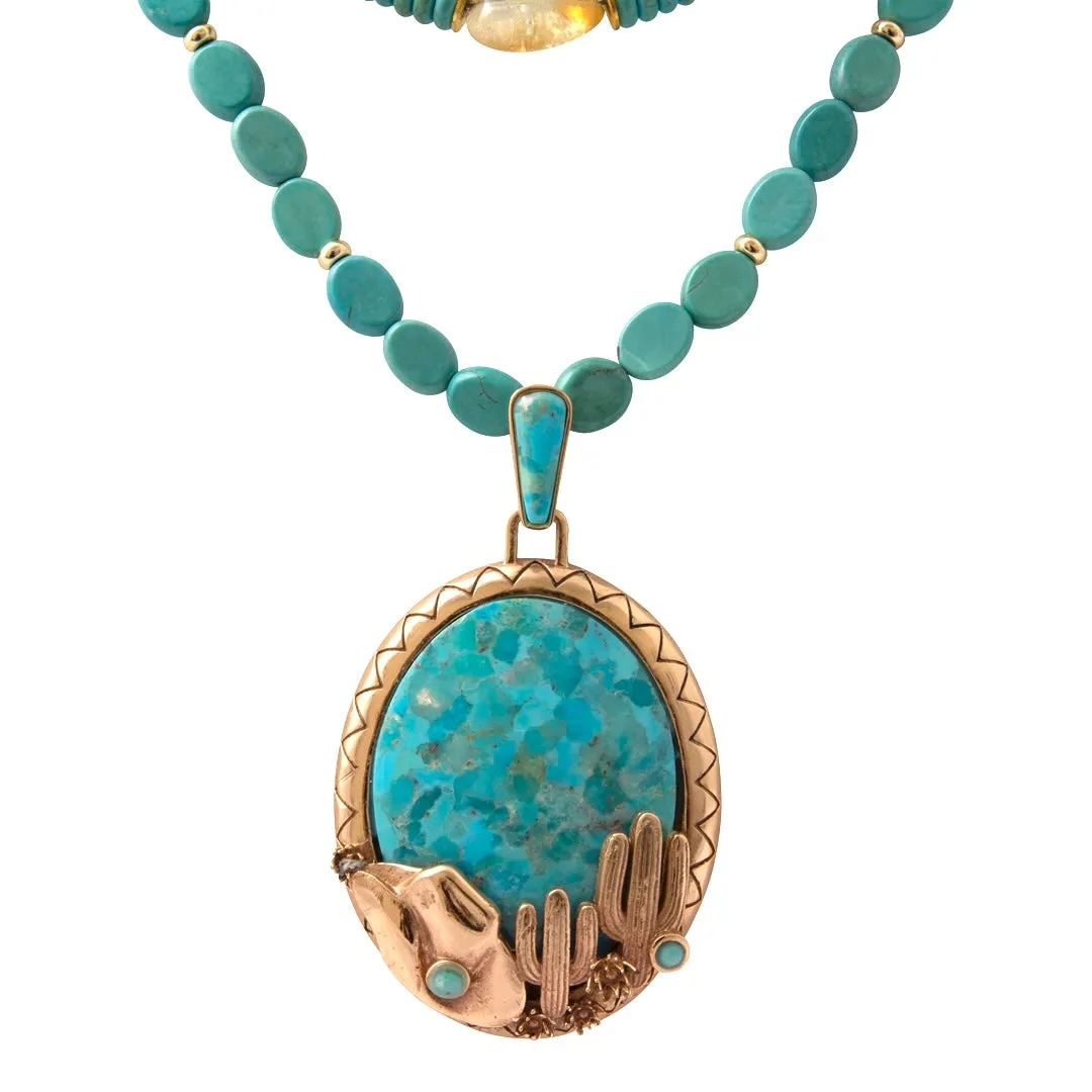 Saguaro Cactus Blue Turquoise Golden Statement Necklace sold by Barse