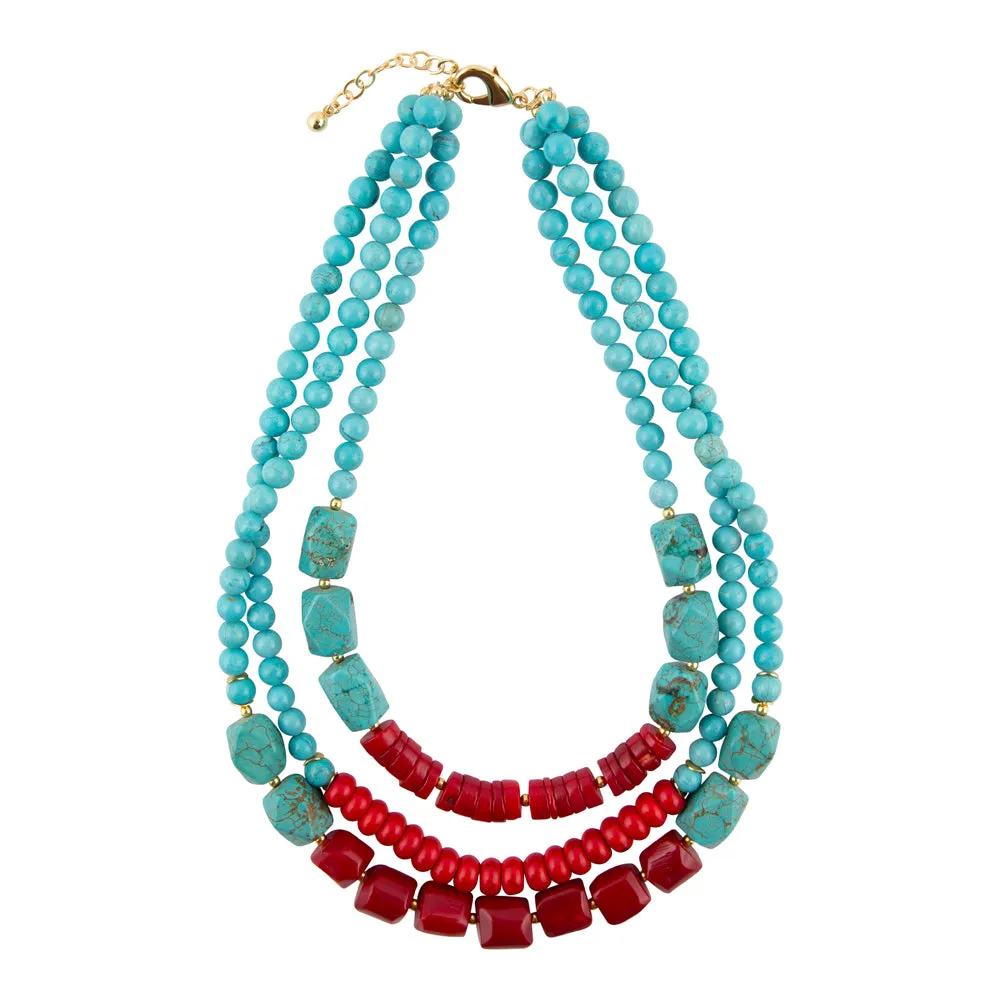 Guadalupe Blue Turquoise and Red Coral Golden Statement Necklace sold by Barse product image thumbnail 4