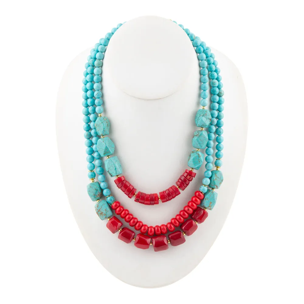 Guadalupe Blue Turquoise and Red Coral Golden Statement Necklace sold by Barse product image thumbnail 5