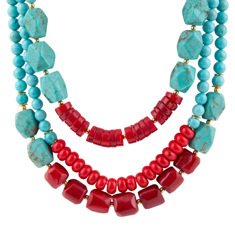 Guadalupe Blue Turquoise and Red Coral Golden Statement Necklace made by Barse