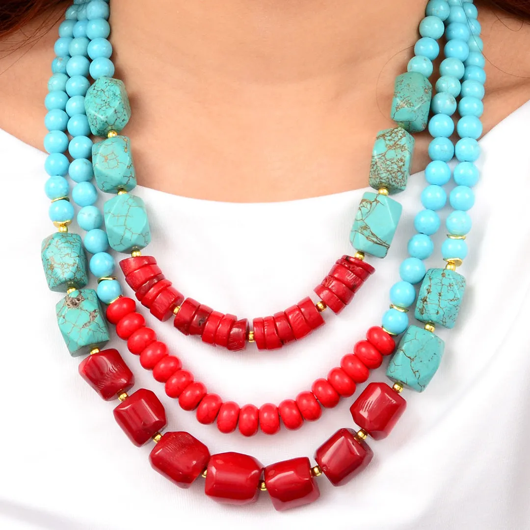 Guadalupe Blue Turquoise and Red Coral Golden Statement Necklace sold by Barse product image thumbnail 2