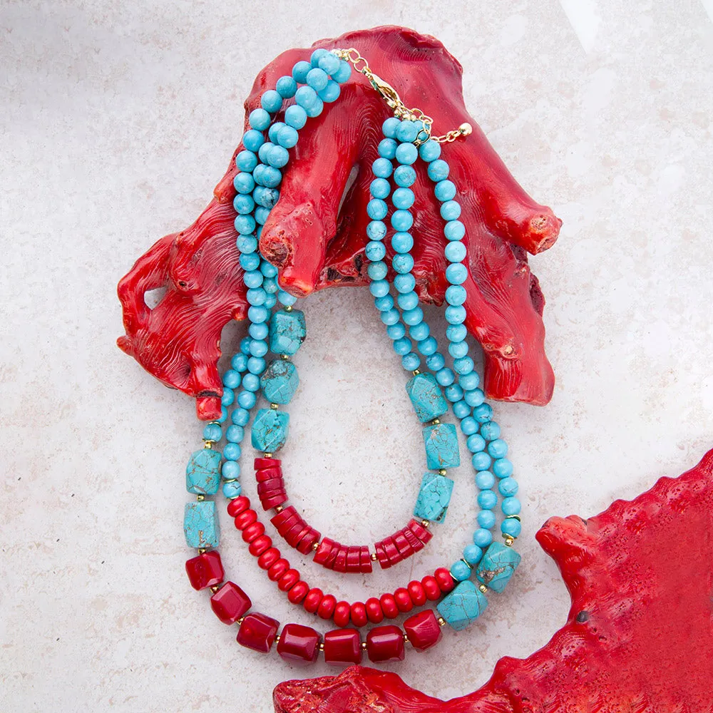 Guadalupe Blue Turquoise and Red Coral Golden Statement Necklace sold by Barse product image thumbnail 3