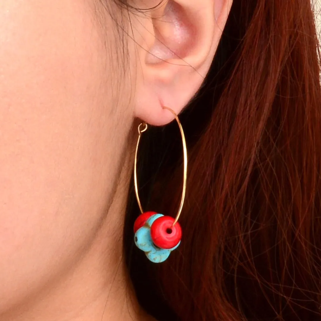 Guadalupe Blue Turquoise and Red Coral Golden Hoop Earrings sold by Barse product image thumbnail 2