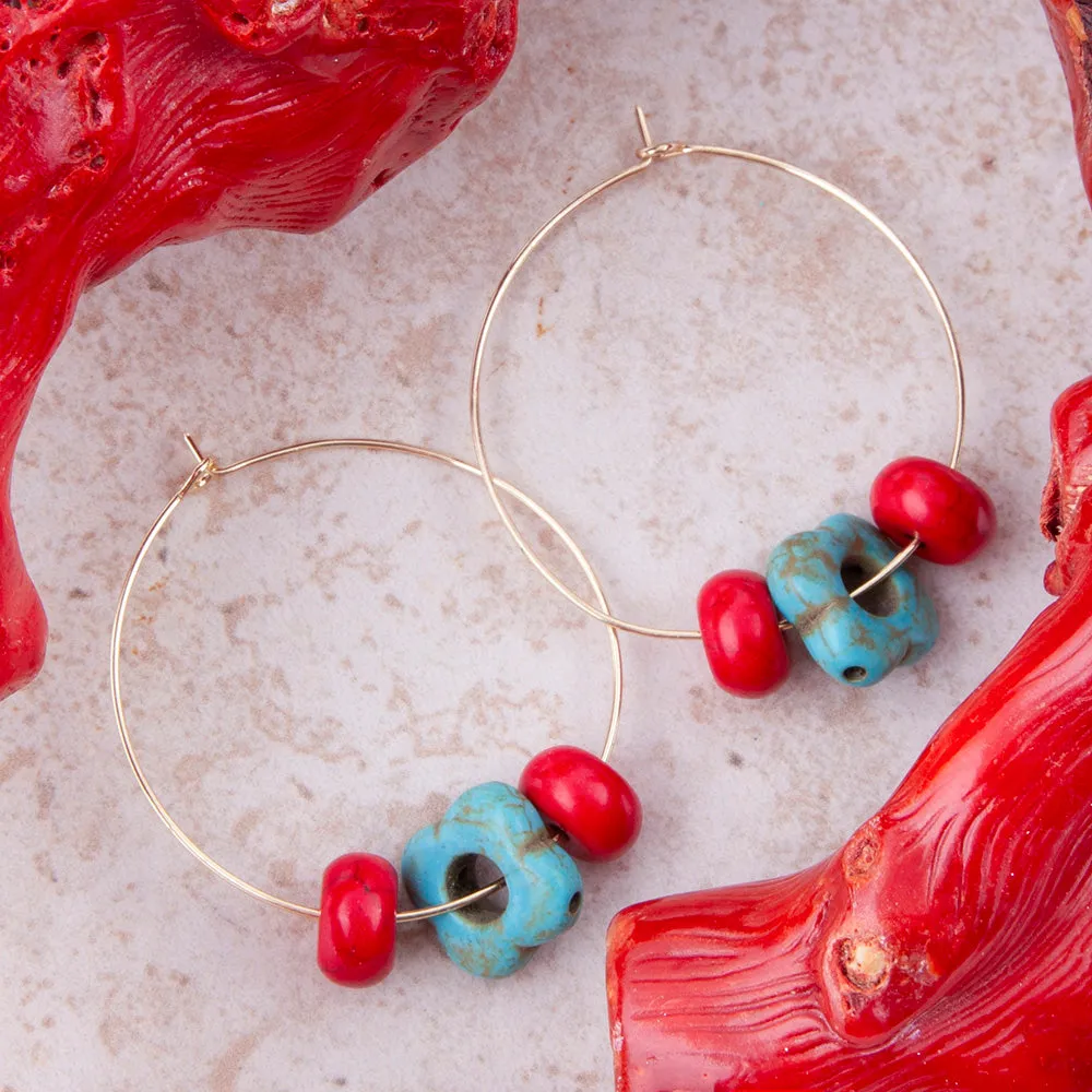 Guadalupe Blue Turquoise and Red Coral Golden Hoop Earrings sold by Barse product image thumbnail 3