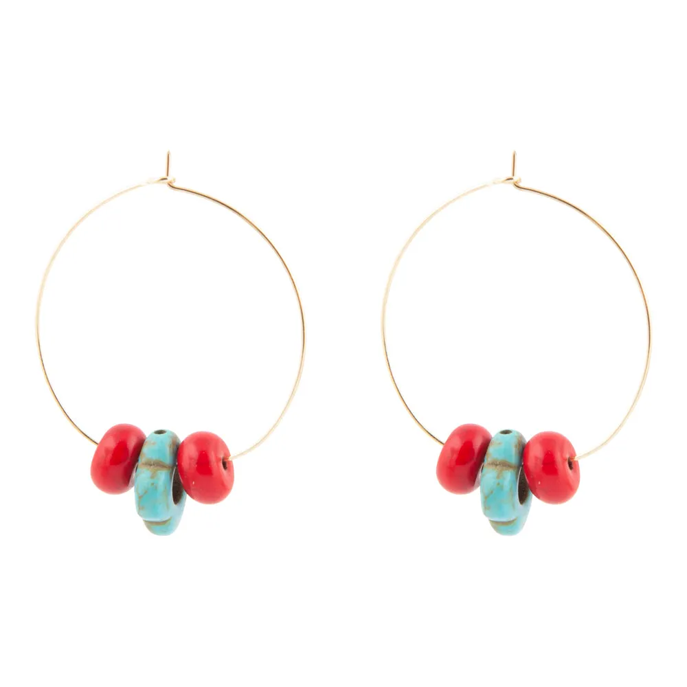 Guadalupe Blue Turquoise and Red Coral Golden Hoop Earrings sold by Barse