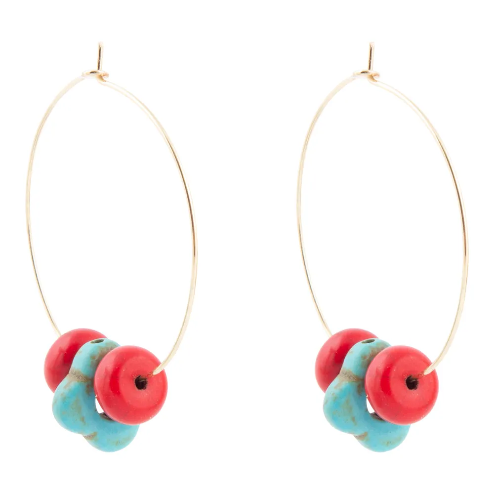 Guadalupe Blue Turquoise and Red Coral Golden Hoop Earrings sold by Barse product image thumbnail 4