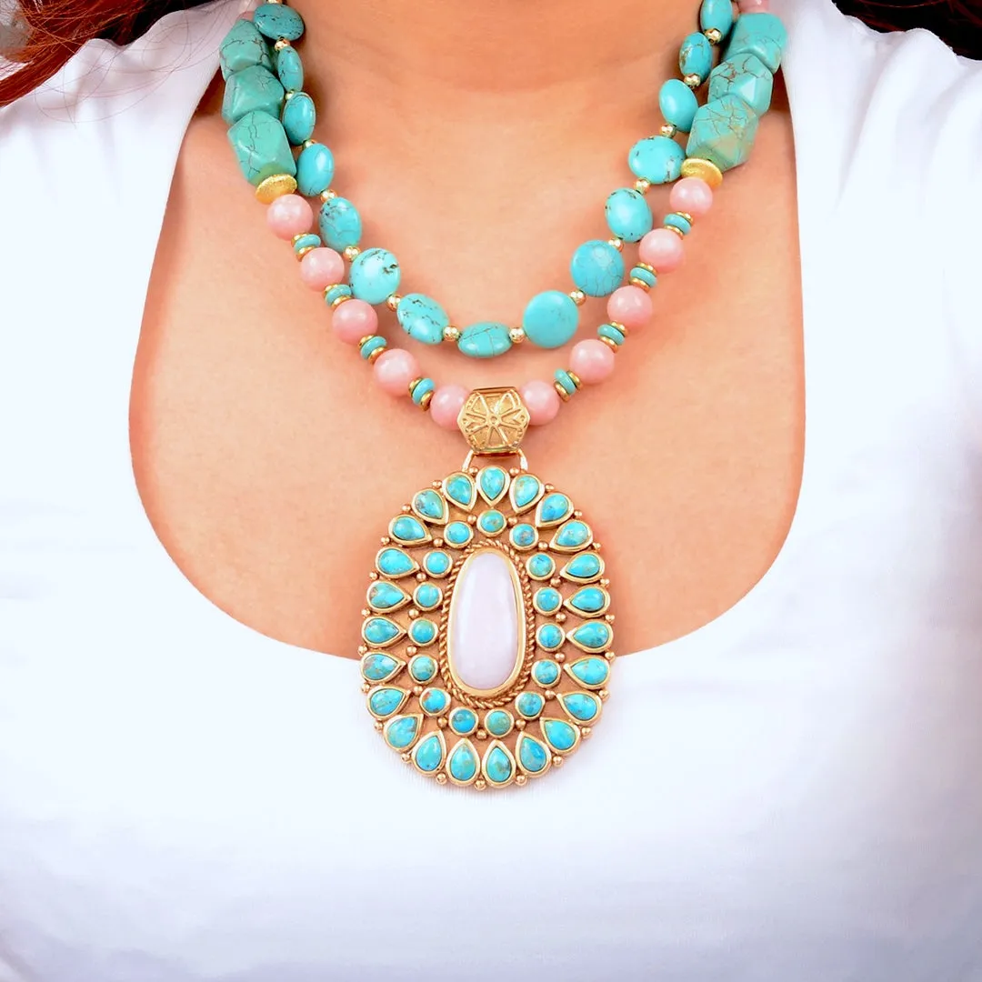 Cactus Rose Pink Opal and Blue Turquoise Golden Statement Necklace sold by Barse product image thumbnail 2