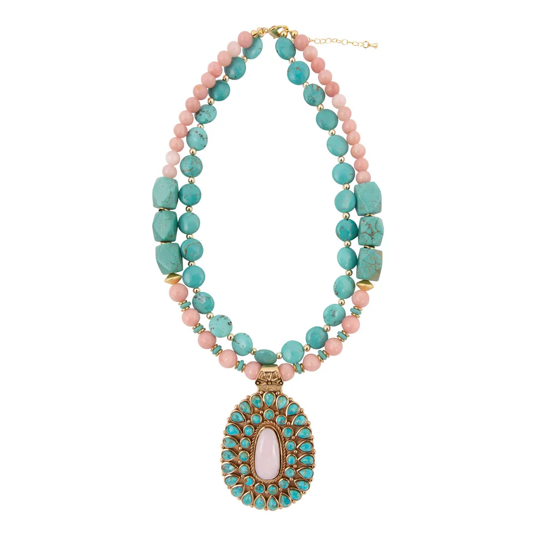 Cactus Rose Pink Opal and Blue Turquoise Golden Statement Necklace sold by Barse product image thumbnail 4