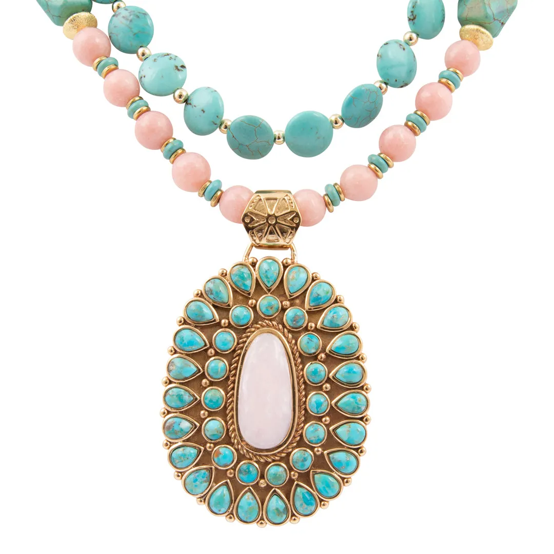 Cactus Rose Pink Opal and Blue Turquoise Golden Statement Necklace sold by Barse