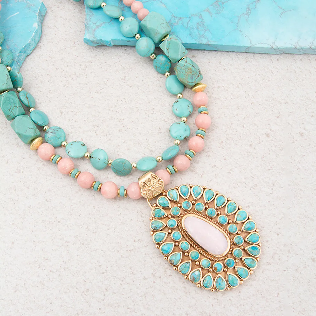 Cactus Rose Pink Opal and Blue Turquoise Golden Statement Necklace sold by Barse product image thumbnail 3