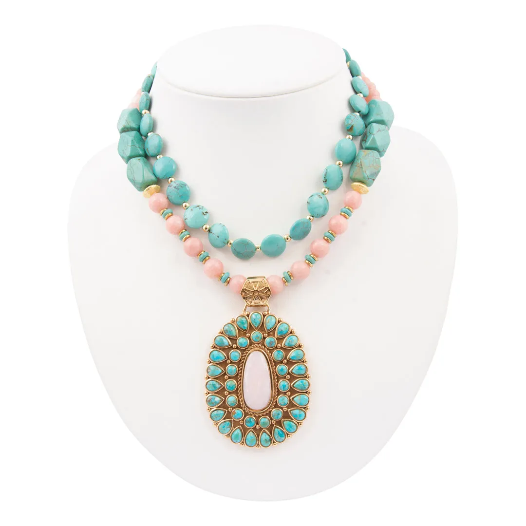 Cactus Rose Pink Opal and Blue Turquoise Golden Statement Necklace sold by Barse product image thumbnail 5