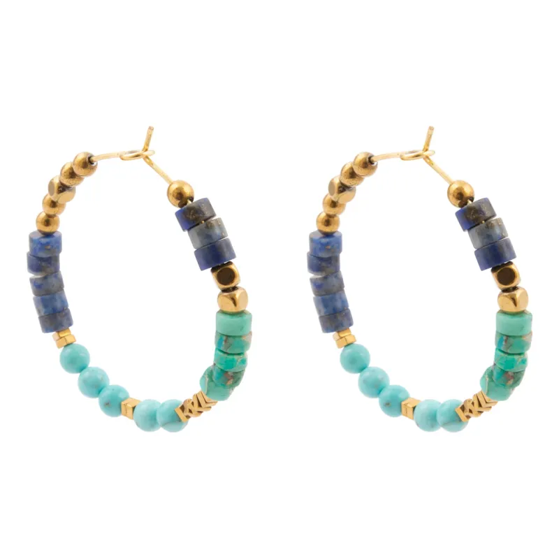 Blue Turquoise and Blue Lapis Golden Hoop Earrings made by Barse