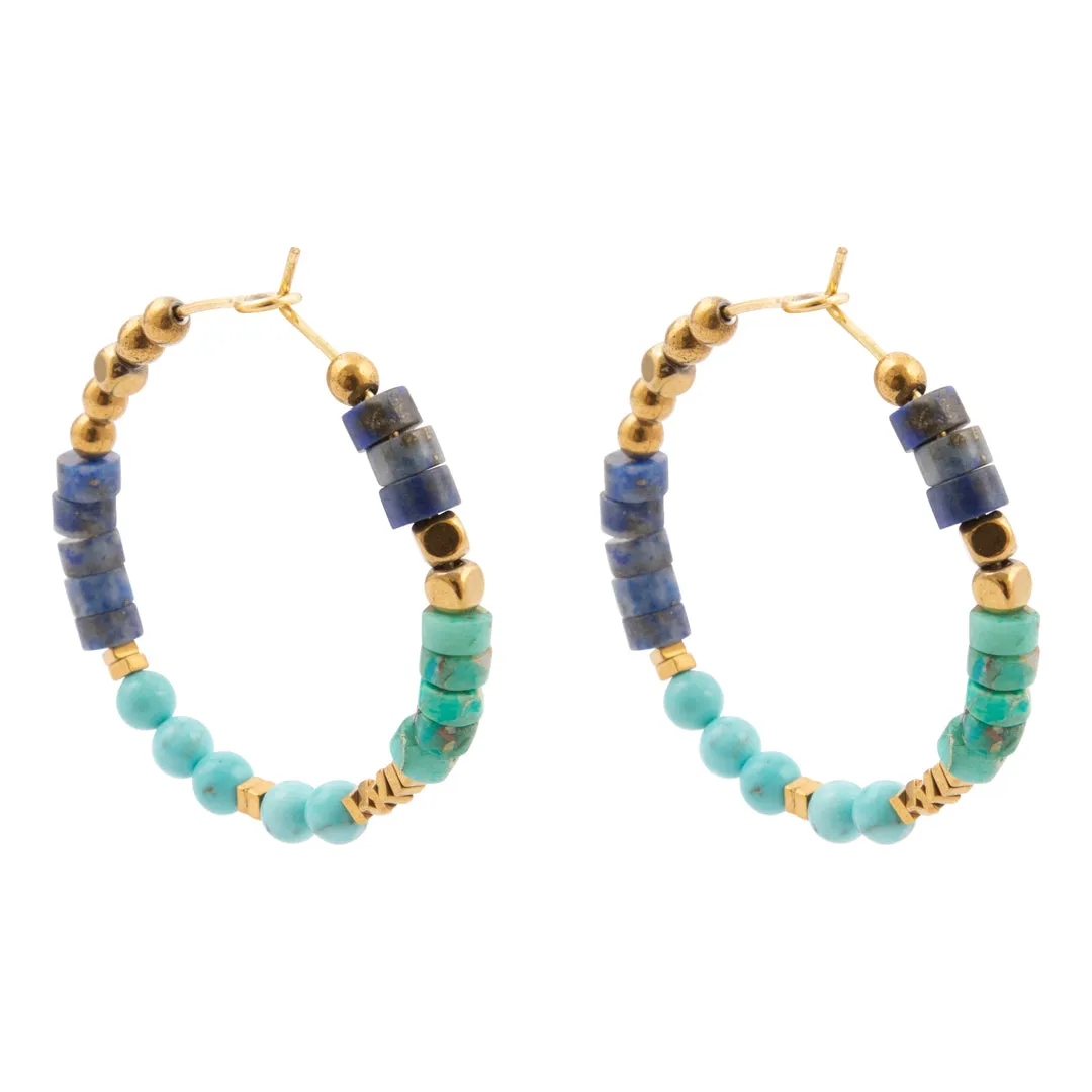 Blue Turquoise and Blue Lapis Golden Hoop Earrings sold by Barse