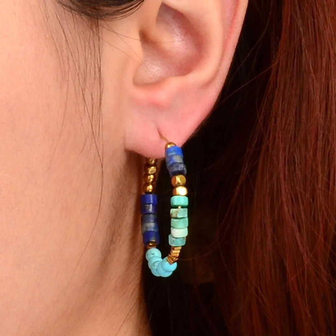 Blue Turquoise and Blue Lapis Golden Hoop Earrings sold by Barse product image thumbnail 2