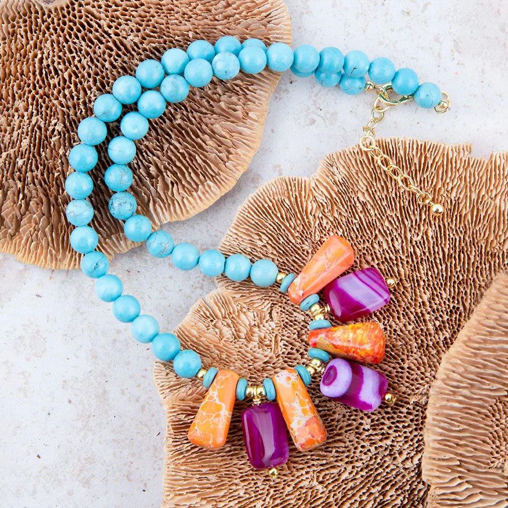 Guadalupe Pink Agate and Blue Turquoise Statement Necklace sold by Barse product image thumbnail 3