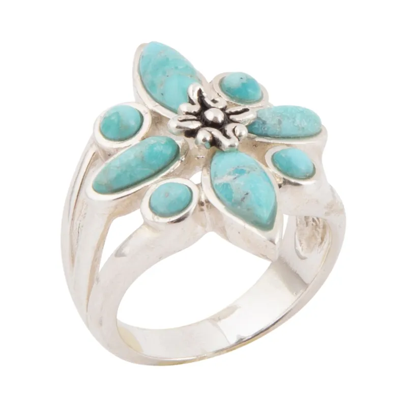 Floral Blue Turquoise and Silver Statement Ring made by Barse