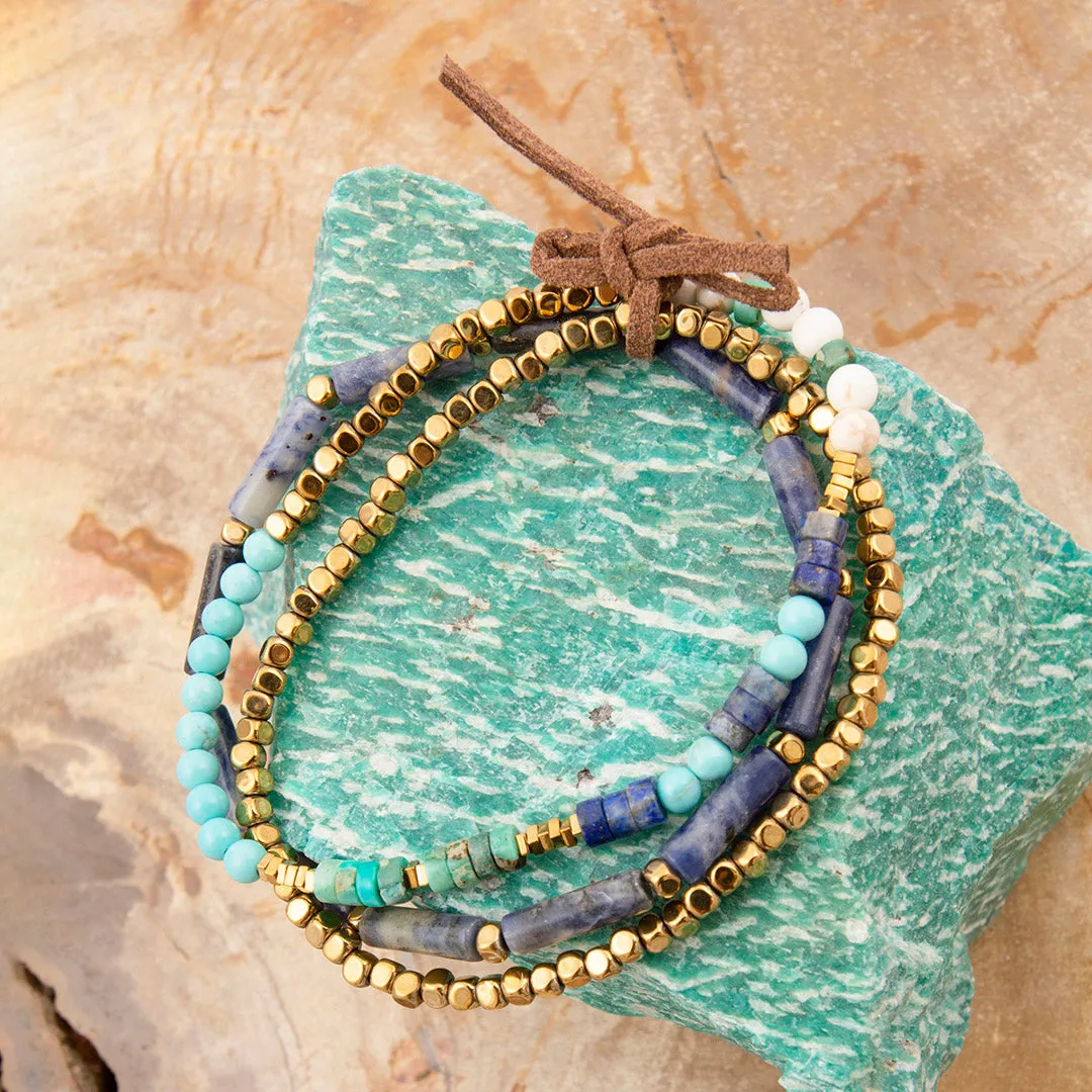 Blue Turquoise and Lapis Golden Stretch Bracelet Set sold by Barse product image thumbnail 3
