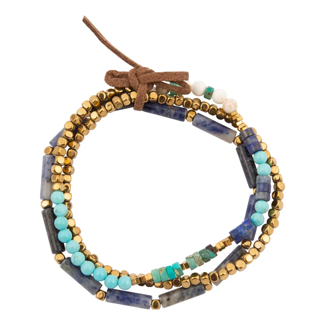 Blue Turquoise and Lapis Golden Stretch Bracelet Set sold by Barse