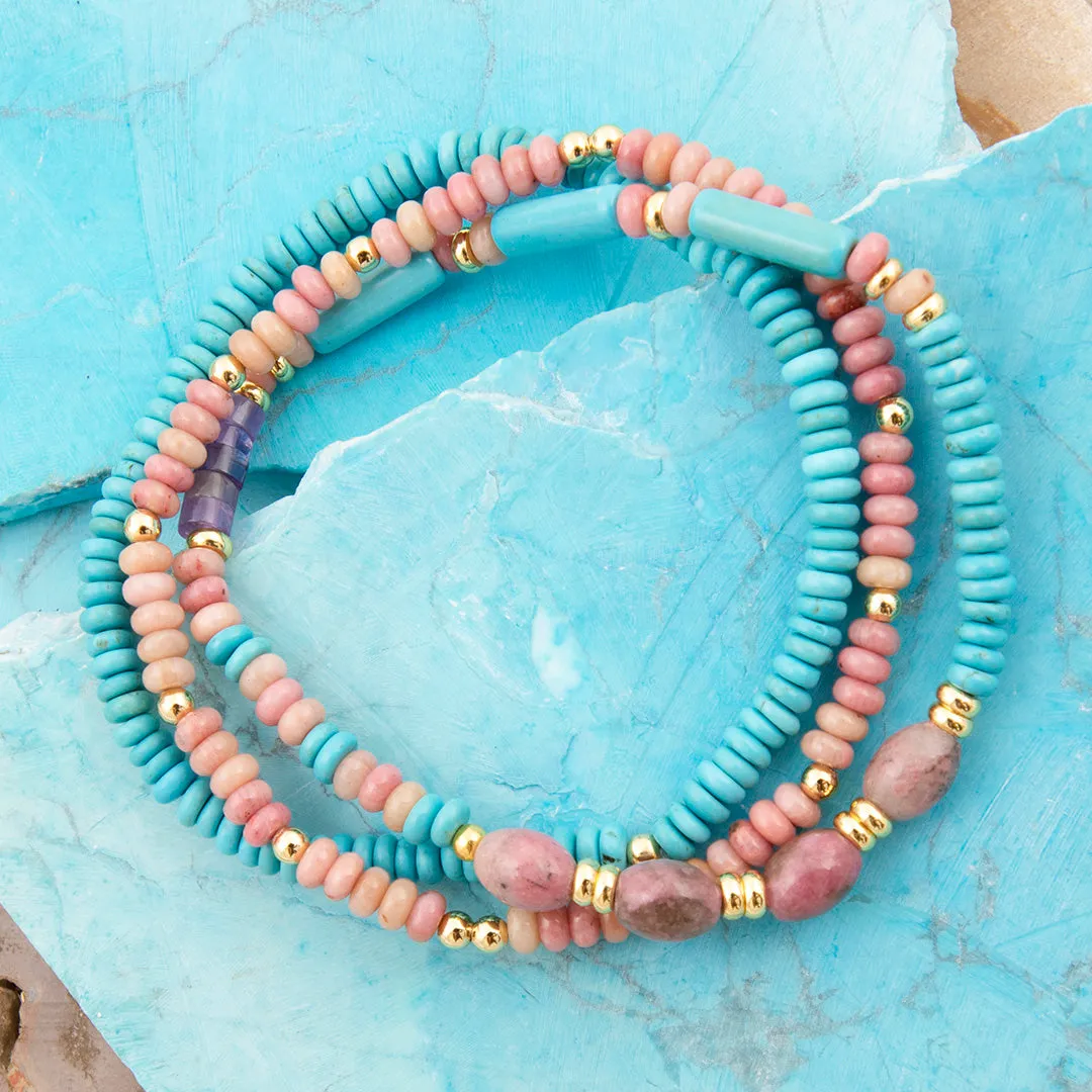 Pink Rhodonite and Blue Turquoise Golden Stretch Bracelet Set sold by Barse product image thumbnail 3