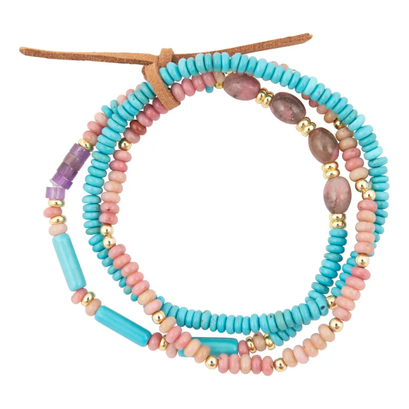 Pink Rhodonite and Blue Turquoise Golden Stretch Bracelet Set made by Barse