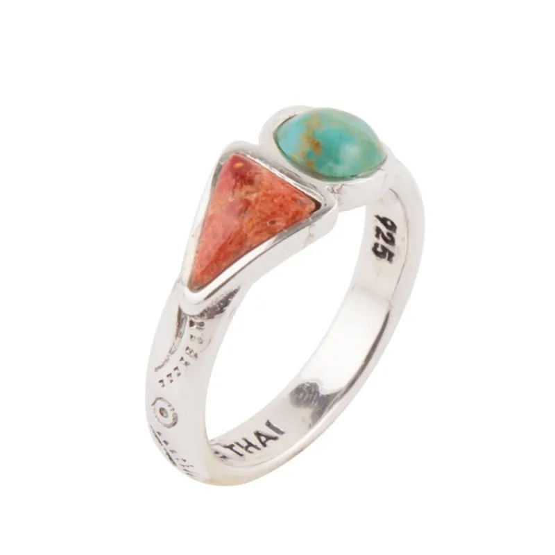 Blue Turquoise and Orange Coral Duo Silver Ring made by Barse