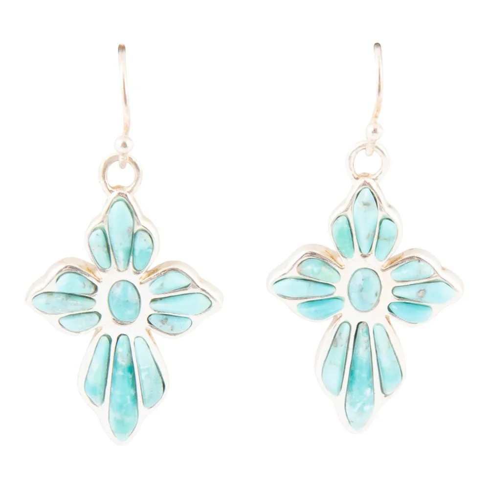 Blue Turquoise Cross Silver Drop Earrings sold by Barse