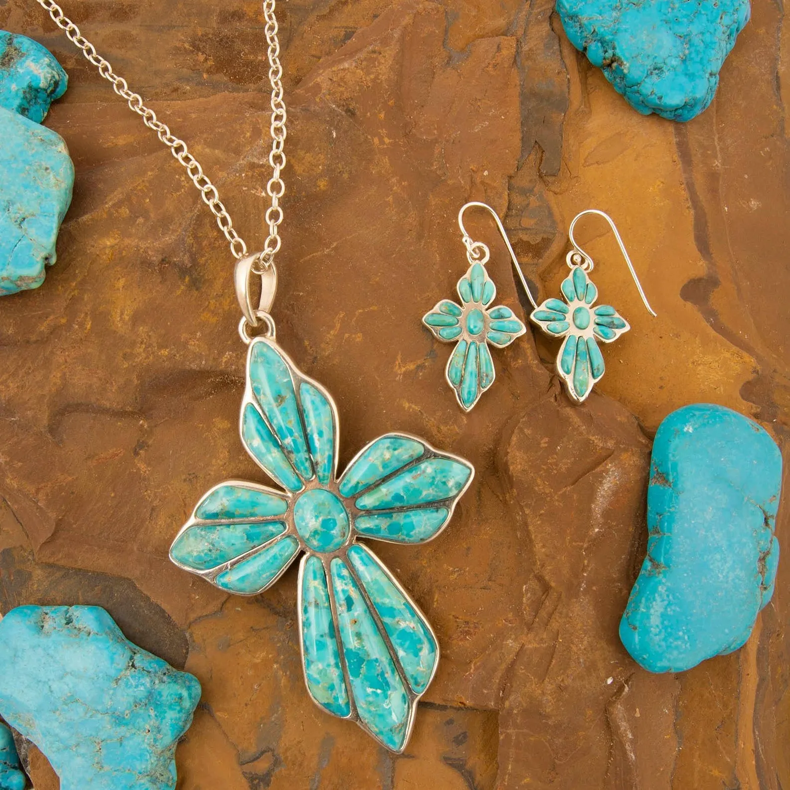 Blue Turquoise Cross Silver Drop Earrings sold by Barse product image thumbnail 4