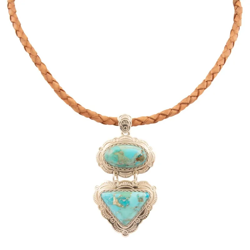 Bronco Blue Turquoise Silver Concho Pendant Leather Necklace made by Barse
