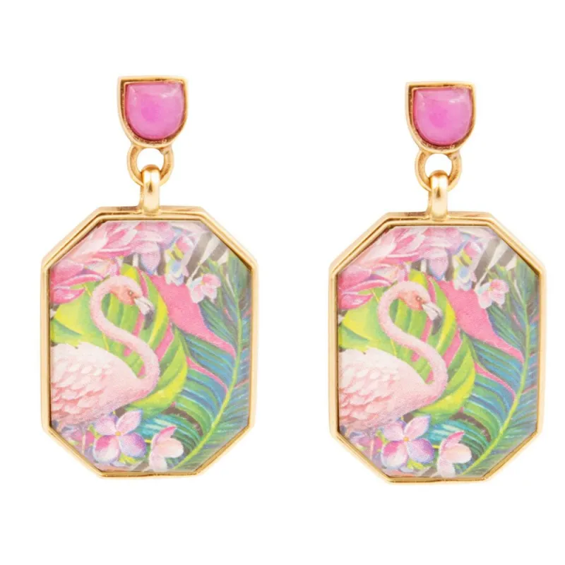 Flamingo Pink Agate Golden Post Drop Earrings made by Barse