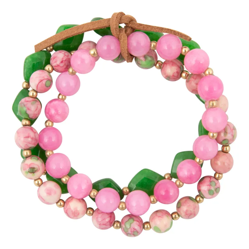 Watermelon Pink and Green Jade Stretch Bracelet Set made by Barse
