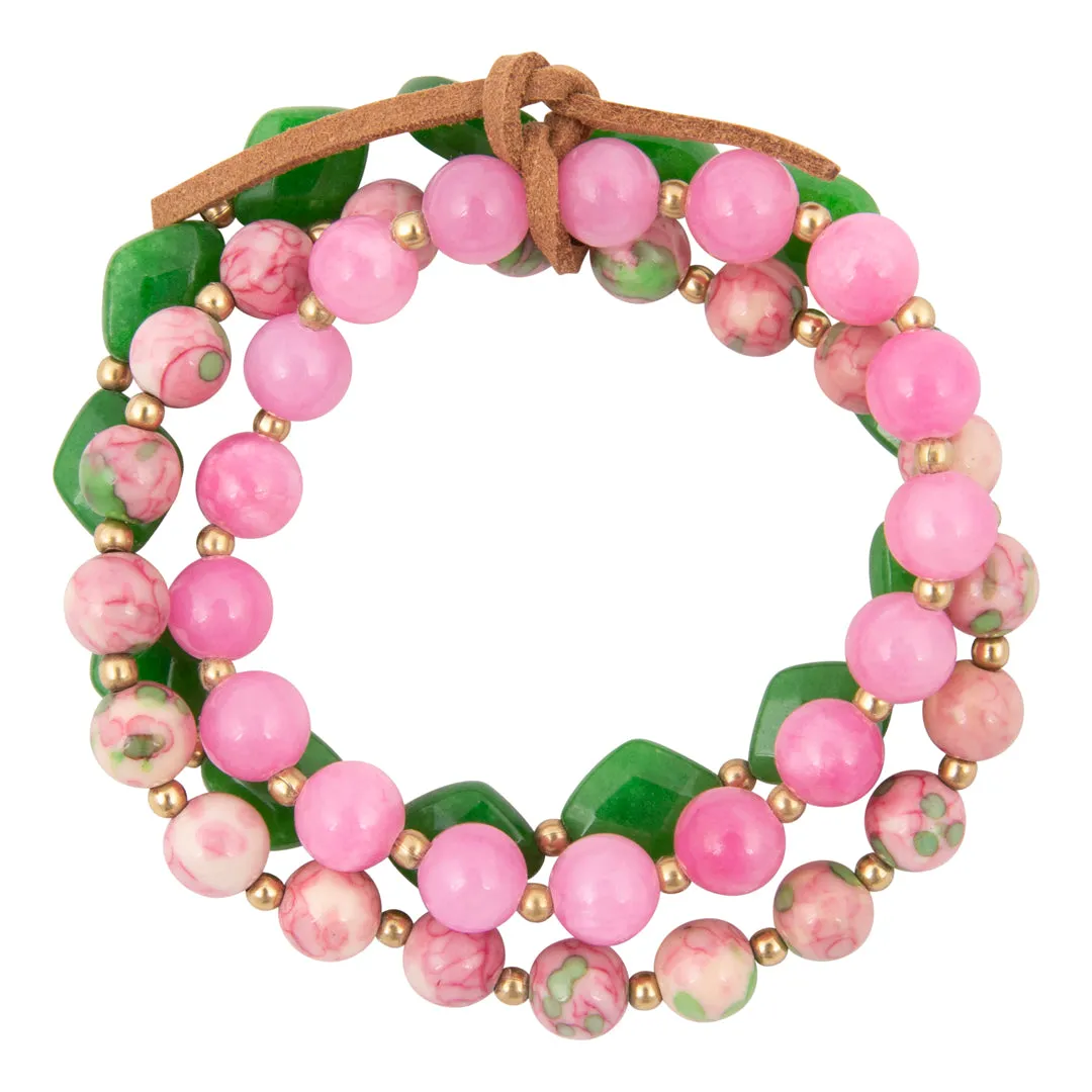 Watermelon Pink and Green Jade Stretch Bracelet Set sold by Barse