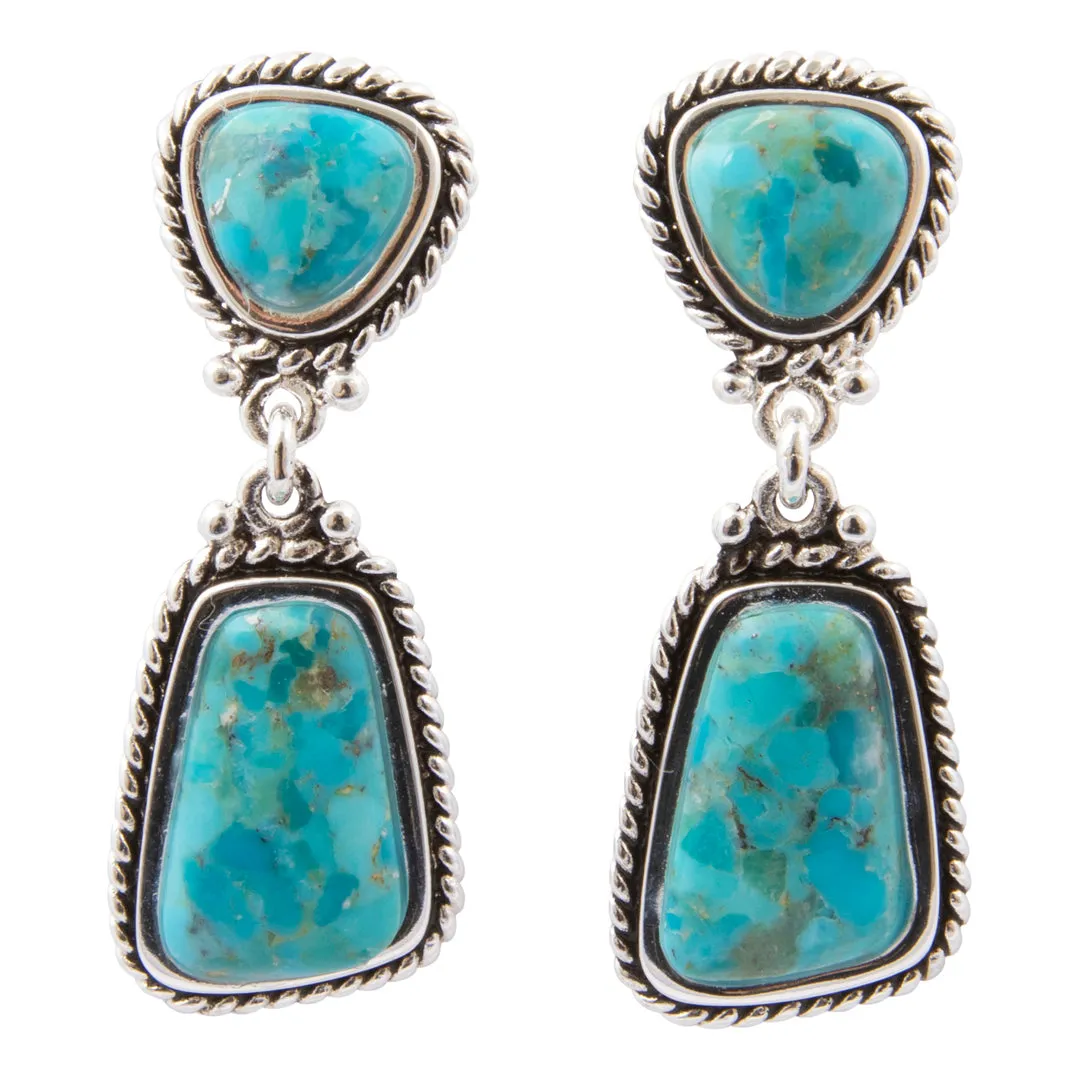 Double Blue Turquoise Silver Drop Earrings sold by Barse