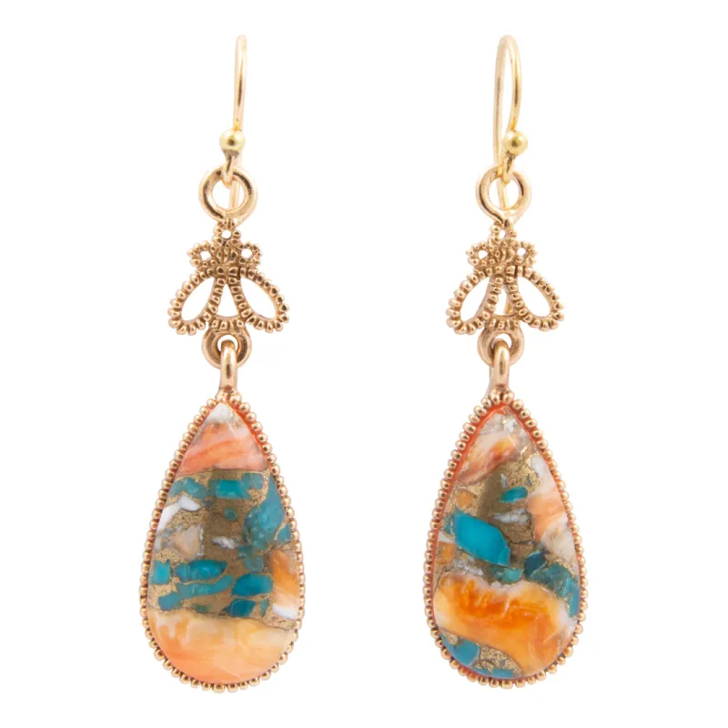 Roped Blue Turquoise Orange Shell Golden Drop Earrings made by Barse