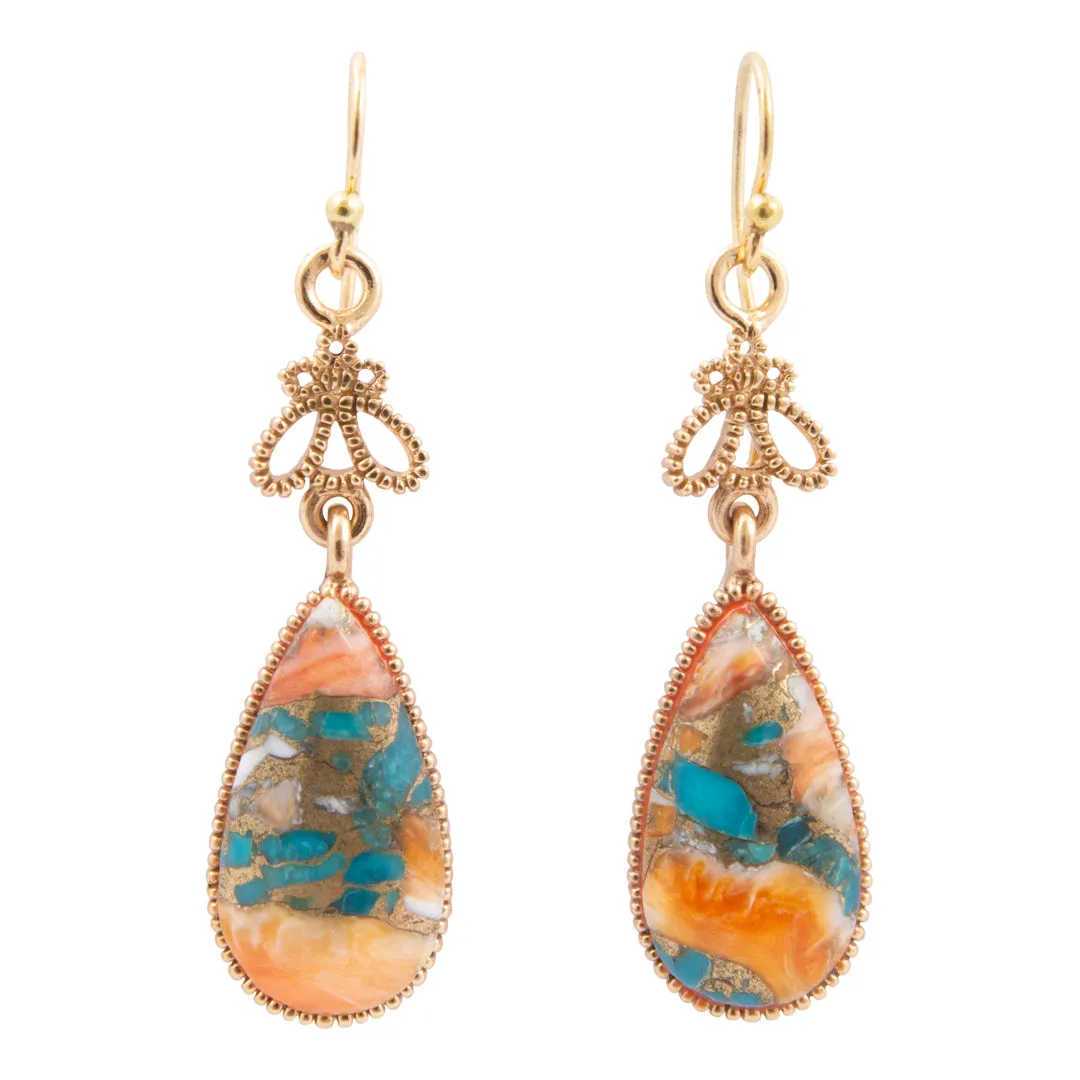 Roped Blue Turquoise Orange Shell Golden Drop Earrings sold by Barse