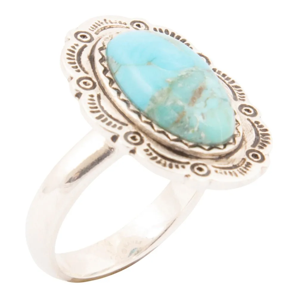 Bronco Blue Turquoise Silver Concho Ring sold by Barse