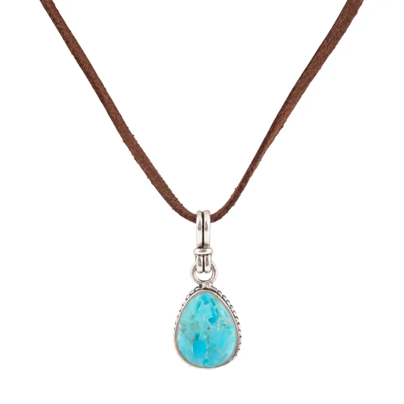 Basic Blue Turquoise and Silver Pendant Leather Necklace made by Barse