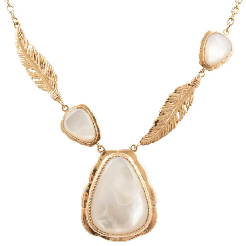 Feathered White Mother of Pearl Golden Statement Necklace made by Barse