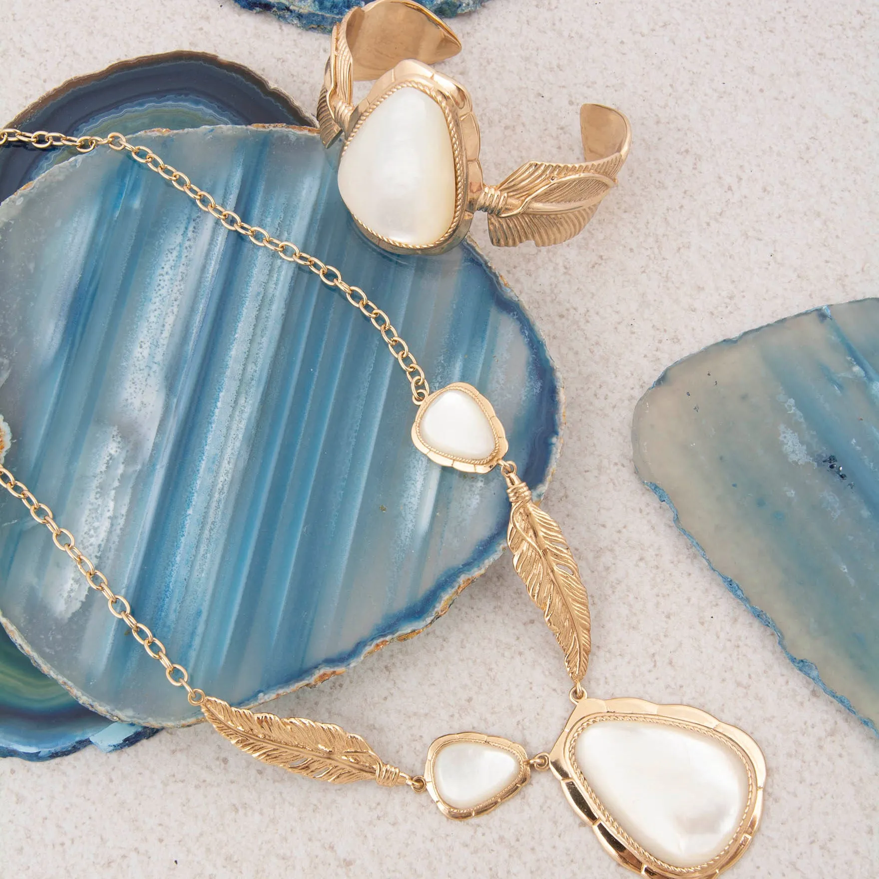 Feathered White Mother of Pearl Golden Statement Necklace sold by Barse product image thumbnail 5