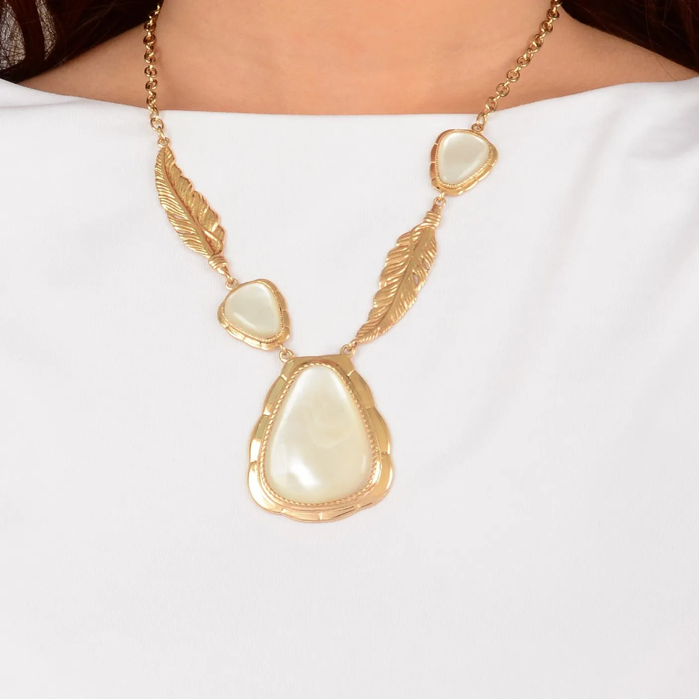Feathered White Mother of Pearl Golden Statement Necklace sold by Barse product image thumbnail 2